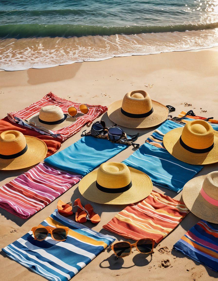 A vibrant summer scene featuring an array of stylish swimwear laid out on a sandy beach, with playful splashes of water in the background. Include sun hats, sunglasses, and colorful beach towels to create a lively atmosphere. The sun sets in the distance, casting warm hues across the sky. Emphasize a fun and flirtatious vibe, showcasing various body types enjoying the sun. 3D. vibrant colors. sunset glow.